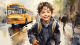 Watercolor Scene of a Kindergartener Boarding a School Bus for the First Time Generative AI