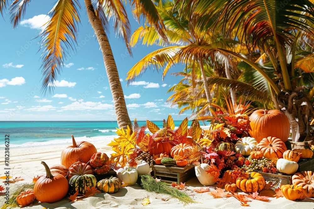 Celebrating a traditional autumn harvest festival on a tropical beach, where fall decorations and foods vividly contrast with palm trees and sand.