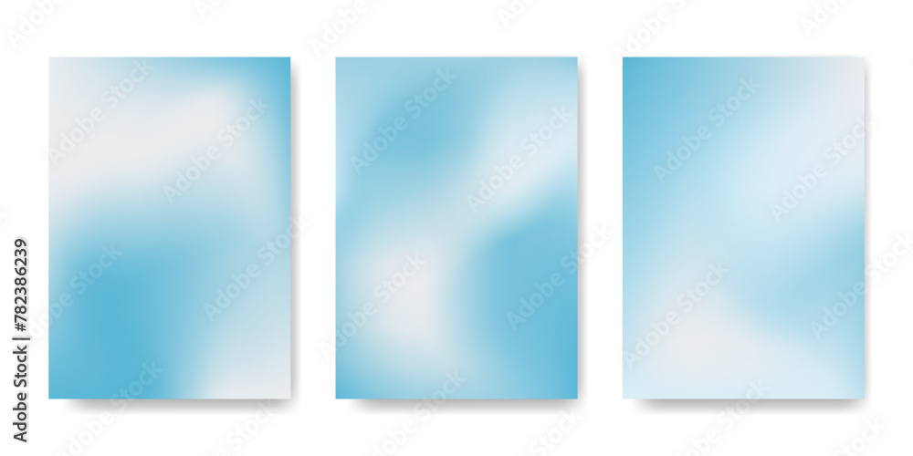 Blue light gradient backgrounds set. Abstract Sky pastel color smooth blend. Blurry liquid effect. Template for cover, poster, wallpaper, flyer, social media design