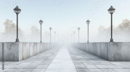 Misty bridge pathway flanked by vintage lampposts, morning fog adds mystical quality to serene landscape. Perspective draws eye to vanishing point, where light and mist merge