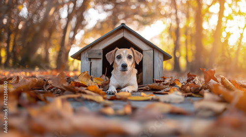 Dog peering out from small house amidst autumn leaves, golden hour light adds cozy warmth. Scene reflects comfort of home and change of seasons