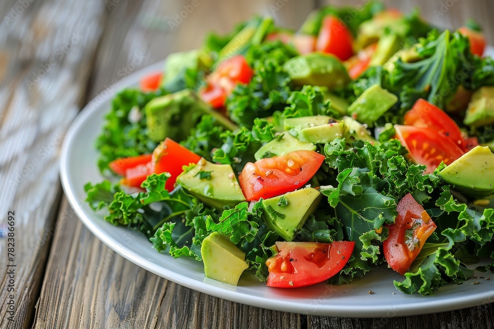 Kale and avocado salad on white plate on wooden table Kale and avocado salad on white plate on wooden table