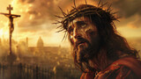 A man with a crown on his head and blood on his face. The image is dark and intense, with a sense of pain and suffering