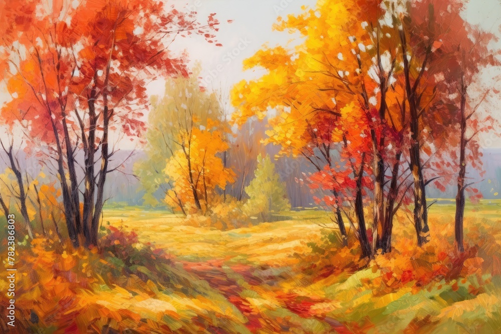 Fototapeta premium Vibrant Autumn Landscape Painting Generative AI
