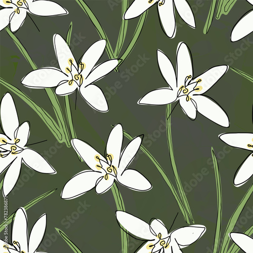 Decorative seamless floral pattern. Vector dark green background with hand drawn white flowers.