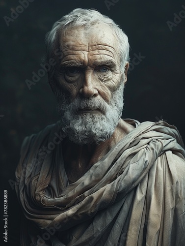 An elderly man with a striking white beard wearing a scarf.