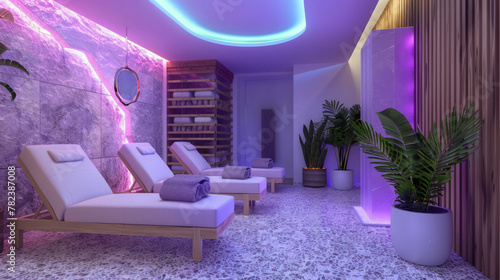 Lounge spa salon room in neon colors, chromotherapy relax interior