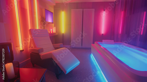 Lounge spa salon room in neon colors, chromotherapy relax interior photo