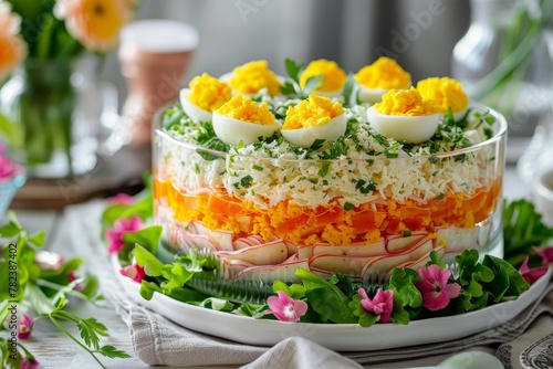 Layered Easter salad with sardines cheese eggs and vegetables for dinner