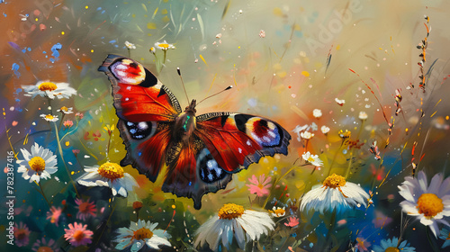 A painting of a red butterfly in a field of flowers. The butterfly is surrounded by a variety of flowers  including daisies and yellow flowers. The painting has a vibrant and lively feel
