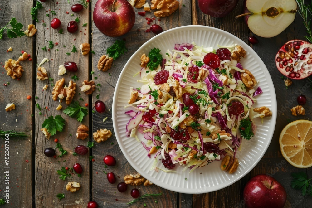 Low cal Apple Cranberry Walnut Coleslaw on white plate top view