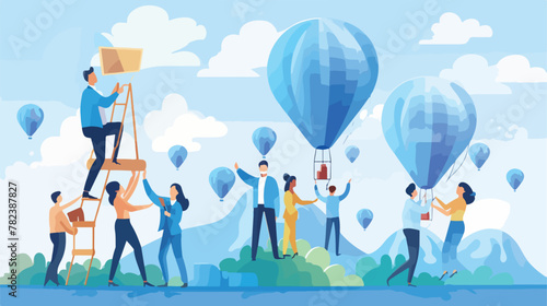 Business persons in hot air balloon searching for e