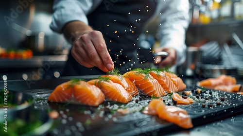 Chef's Finishing Touch on Sliced Salmon Sashimi, Culinary Art in Motion