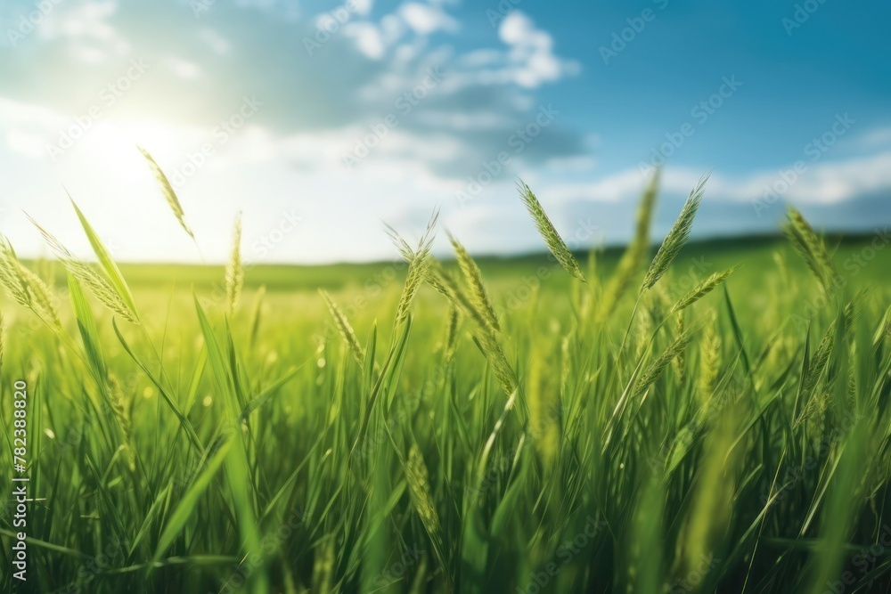Obraz premium Picturesque Countryside Landscape with Lush Green Field and Blue Sky Generative AI