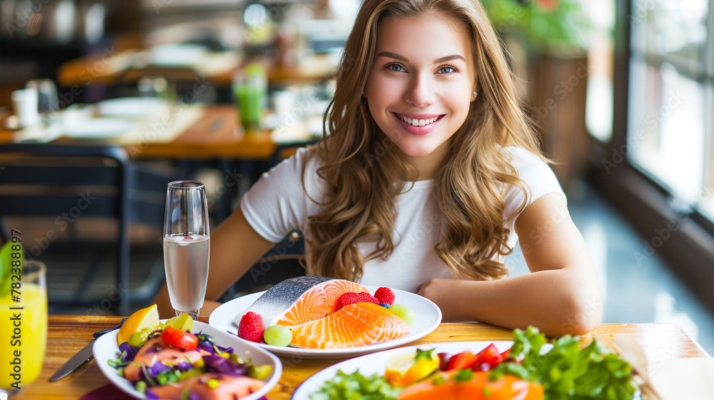 A young woman is having dinner at a restaurant. The concept of healthy eating and diet. AI.