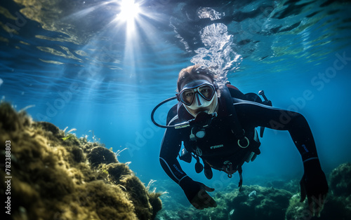 Wallpaper Mural Scuba diver, fully equipped, is diving in the sea. He is close to the sea surface and the sun's rays are coming from above. Next to him, a part of the coral is visible.  Torontodigital.ca