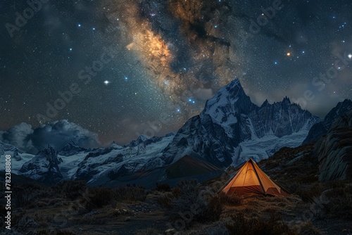Mountain camping under the stars with a glowing tent under the milky way in a photo composite