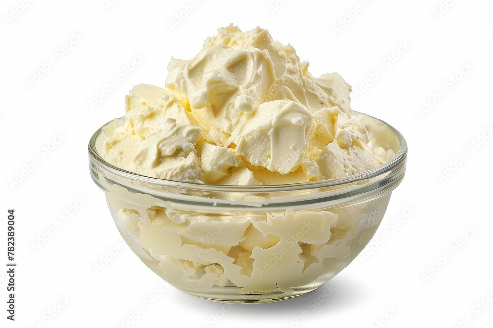 Mascarpone cheese in glass bowl on white background Mascarpone cheese in glass bowl on white background