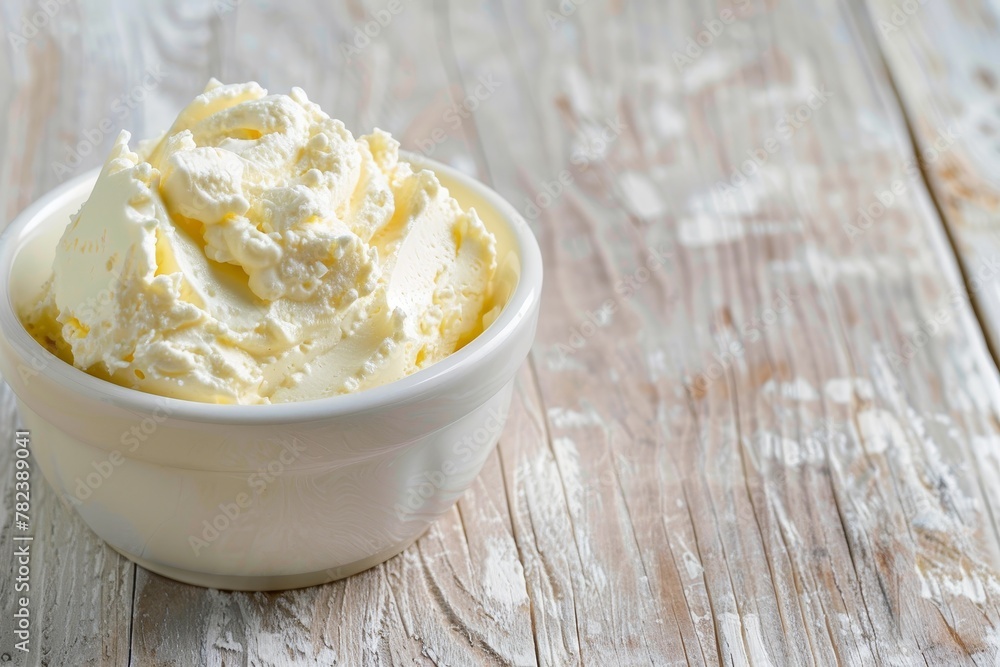 Mascarpone cheese in white bowl on wood surface Mascarpone cheese in white bowl on wood surface