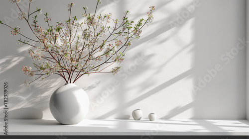 background with white vase with flowering branches in a white room in soft light from the window