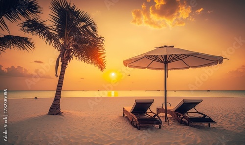 Serene Tropical Beach Sunset with Lounge Chairs and Umbrella Generative AI photo