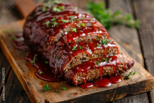 Meatloaf with glaze on cutting board close up on wooden background