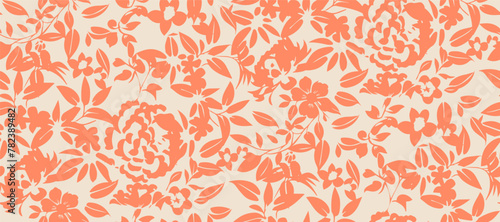 Simple monochrome two-color seamless pattern with flowers silhouette.