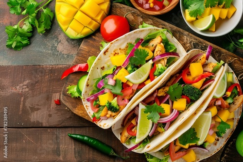 Mexican chicken tacos with fresh veggies mango and salsa on olive wood board Top view photo