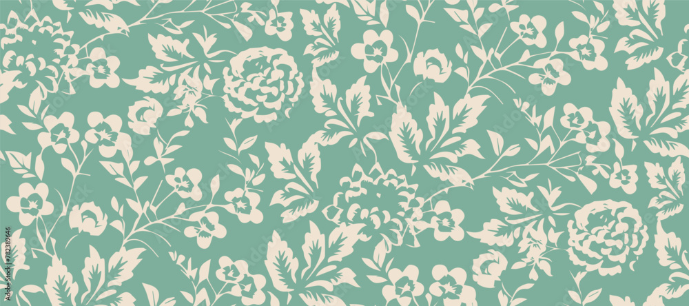 Obraz premium Simple monochrome two-color seamless pattern with flowers silhouette.