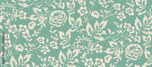 Simple monochrome two-color seamless pattern with flowers silhouette.