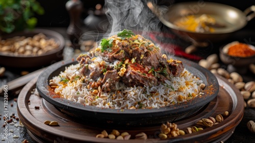 The national cuisine of Jordan, the national dish Mansaf is a mound of steaming rice with cardamom, covered with mouth-watering pieces of lamb.
