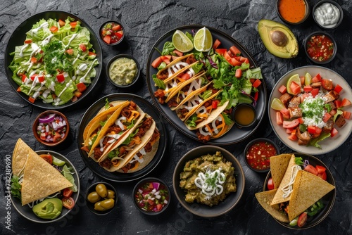 Mexican food spread on dark stone background featuring tacos burritos nachos enchiladas tortilla soup and salad