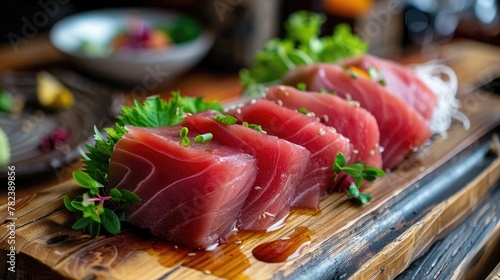 Fresh pink ahi bluefin tuna fillet on a wooden cutting board