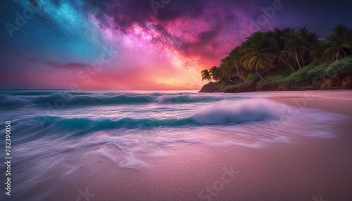 Fantastic beach. Colorful sunset over the ocean. Sea surf. Magical seascape. Cloud cover with stars photo