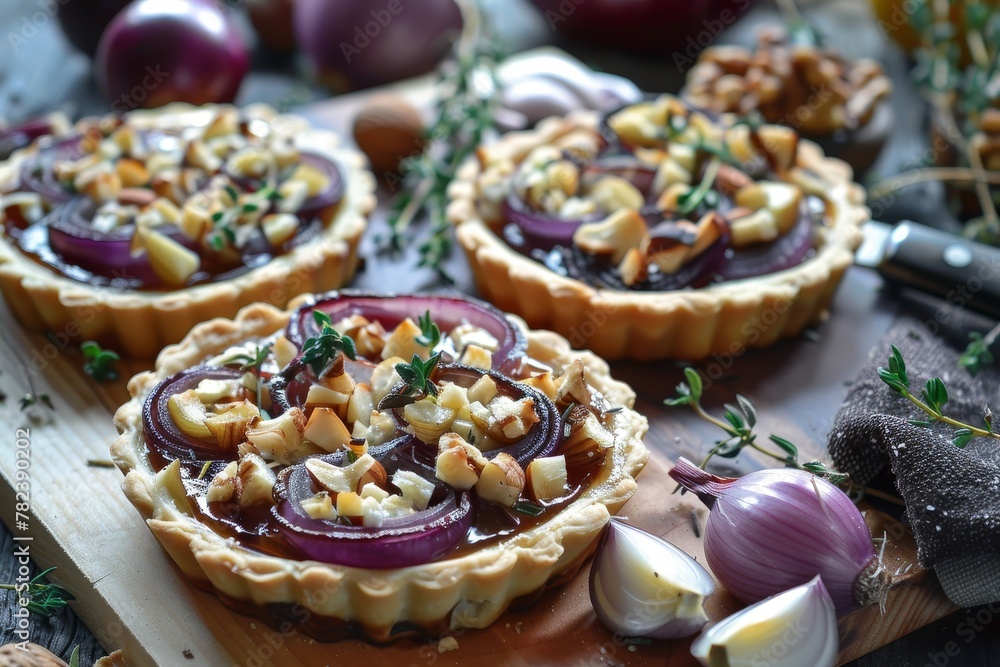 Fototapeta premium Mini tarts with red onion goat cheese pine nut thyme