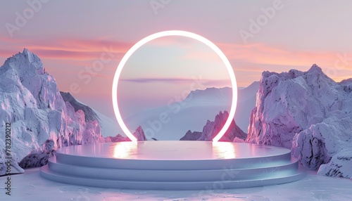 Minimal metal stage with neon futuristic chrome pedestal in snowy mountains