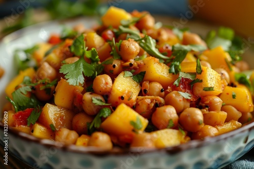 Mixed potato chickpea and mango salad with zesty seasonings and herbs