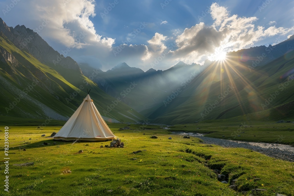 Morning light illuminates a tent in Caucasus Georgia