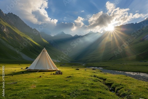 Morning light illuminates a tent in Caucasus Georgia