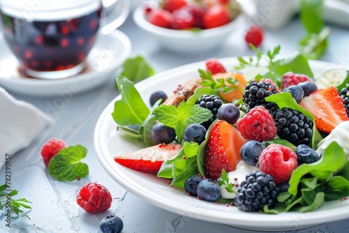 Morning meal salad with fresh fruits and berries tea yogurt