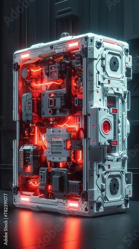 Sleek and Futuristic Robotic Toolbox Showcasing Intricate Red Lighting Effects