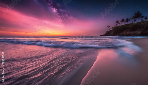 Fantastic beach. Colorful sunset over the ocean. Magical seascape. Cloud cover with stars