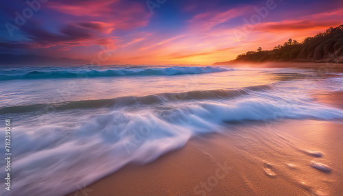 Fantastic beach. Colorful sunset over the ocean. Magical seascape. Clouds with stars