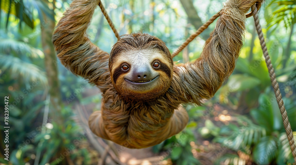 Photo of a sloth smiling while hanging from vines in the jungle Photo of a sloth smiling while hanging from vines in the jungle
