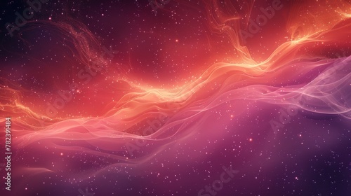 Vivid multiverse convergence in Cherry Tomato & Rapture Rose, abstract patterns highlight negative space, minimal design inspired by comet streaking across the sky.