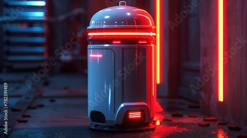 Futuristic Robotic Trash Can with Glowing Red Accents Showcasing Technological in Waste Management photo