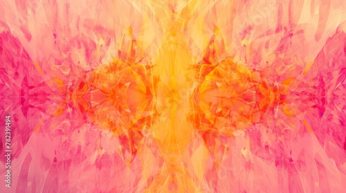 An abstract artwork in Lemon Verbena, Orange Pop, and Aurora Pink evokes triumph over cybersecurity threats, utilizing negative space and minimalist design. photo