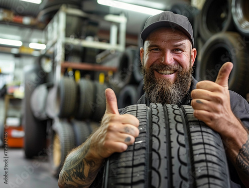 Smiling mechanic showing thumbs up with car tire in the car repair shop. 