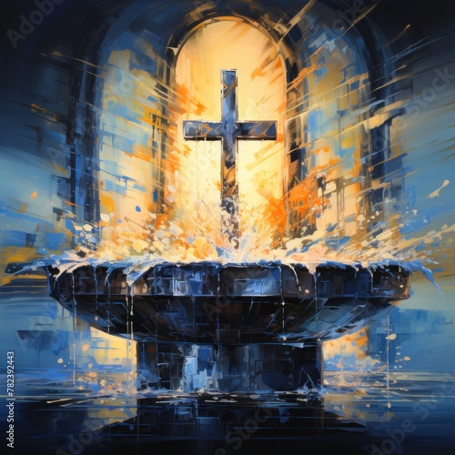 Holy Water Font in an Abstract Church Interior Generative AI photo