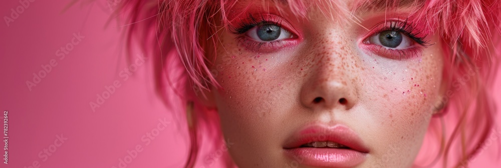 A close-up view of a woman with vibrant pink hair, showcasing a striking pose with artistic flair.